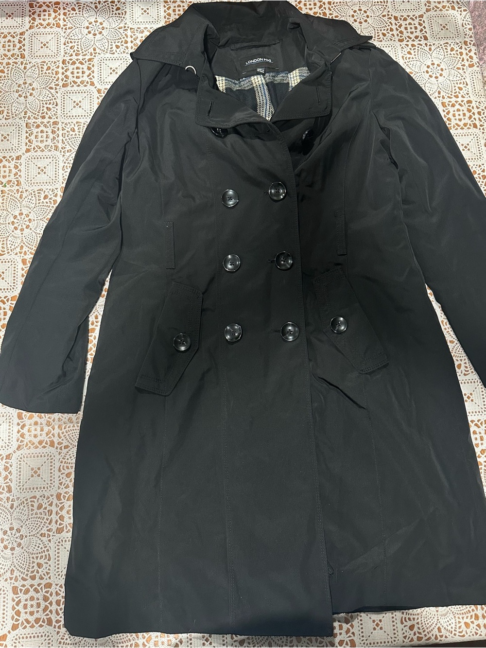 London Fog Black Double Breasted Trench Coat Plaid Lined M Womens